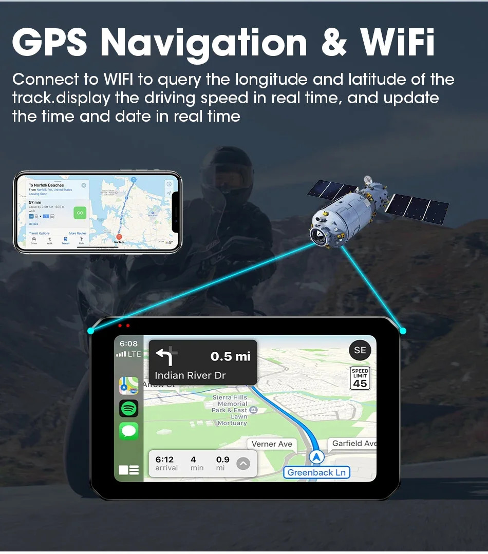 5.5″ Motorcycle DVR 2K Dual Camera GPS Navigation Wireless Carplay Android Auto