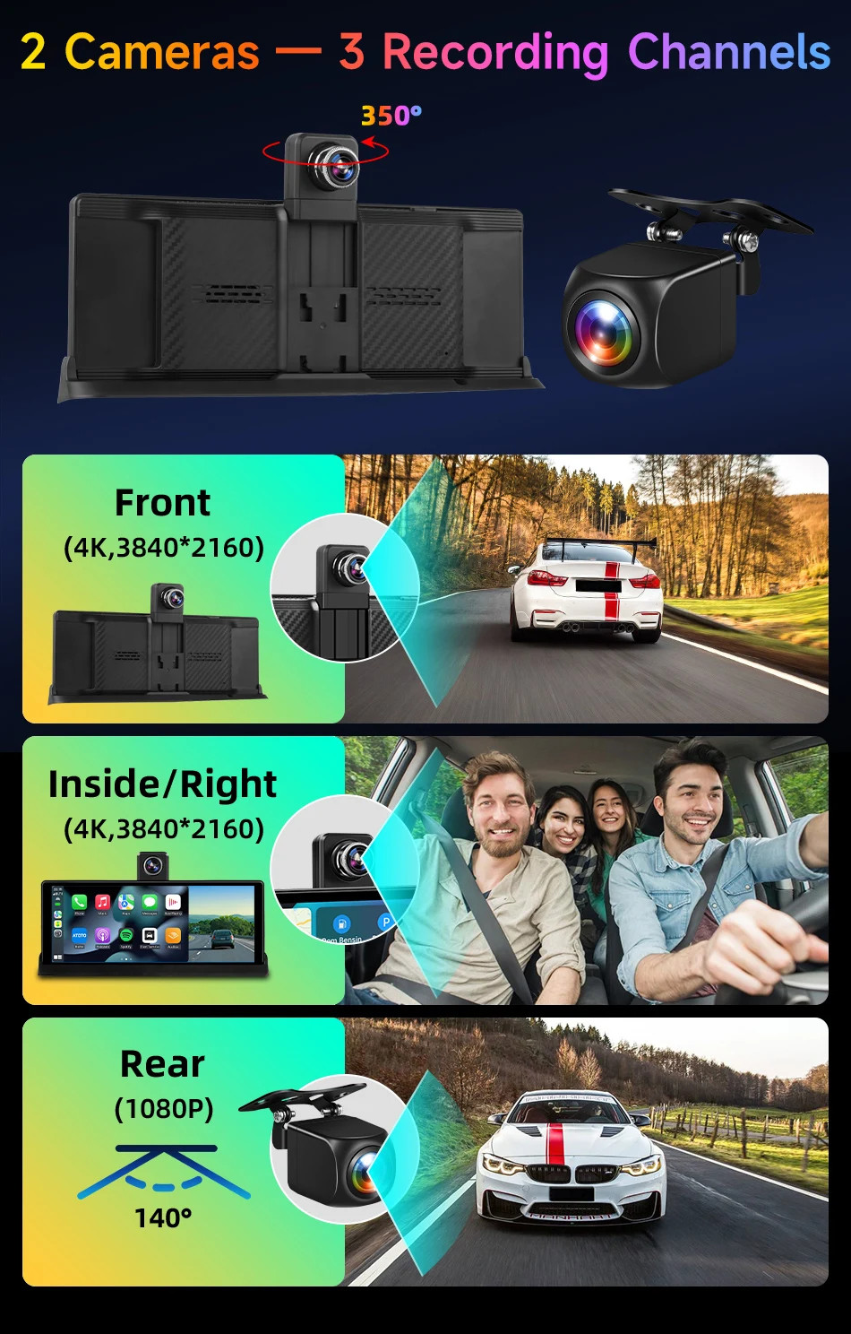 10.26 inch UHD Car DVR 4K Dashcam WirelessCarPlay/Android Auto 5G WiFi Dashboard