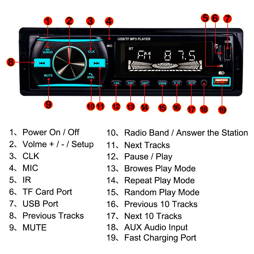 Car Stereo 1 DIN Radio Audio In-Dash Bluetooth FM USB AUX MP3 Player