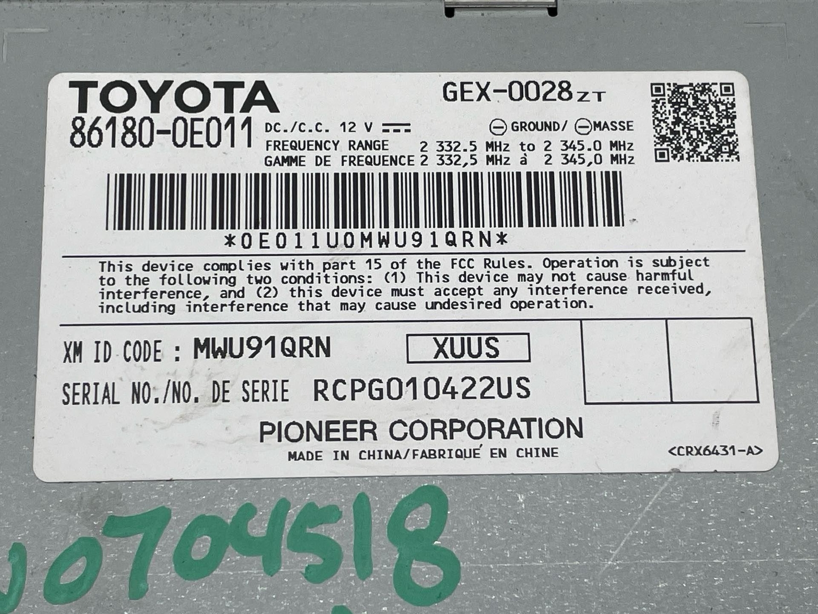 18 Toyota Highlander OEM Satellite Radio Receiver Tuner Module 86180-0E011 14-19