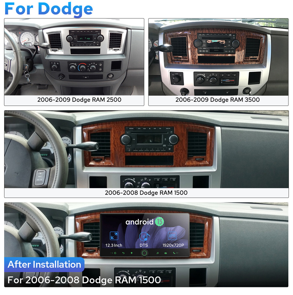 12.3 Inch Capacitive LCD Touchscreen Android 13 GPS Navi for Dodge RAM 1500 2500