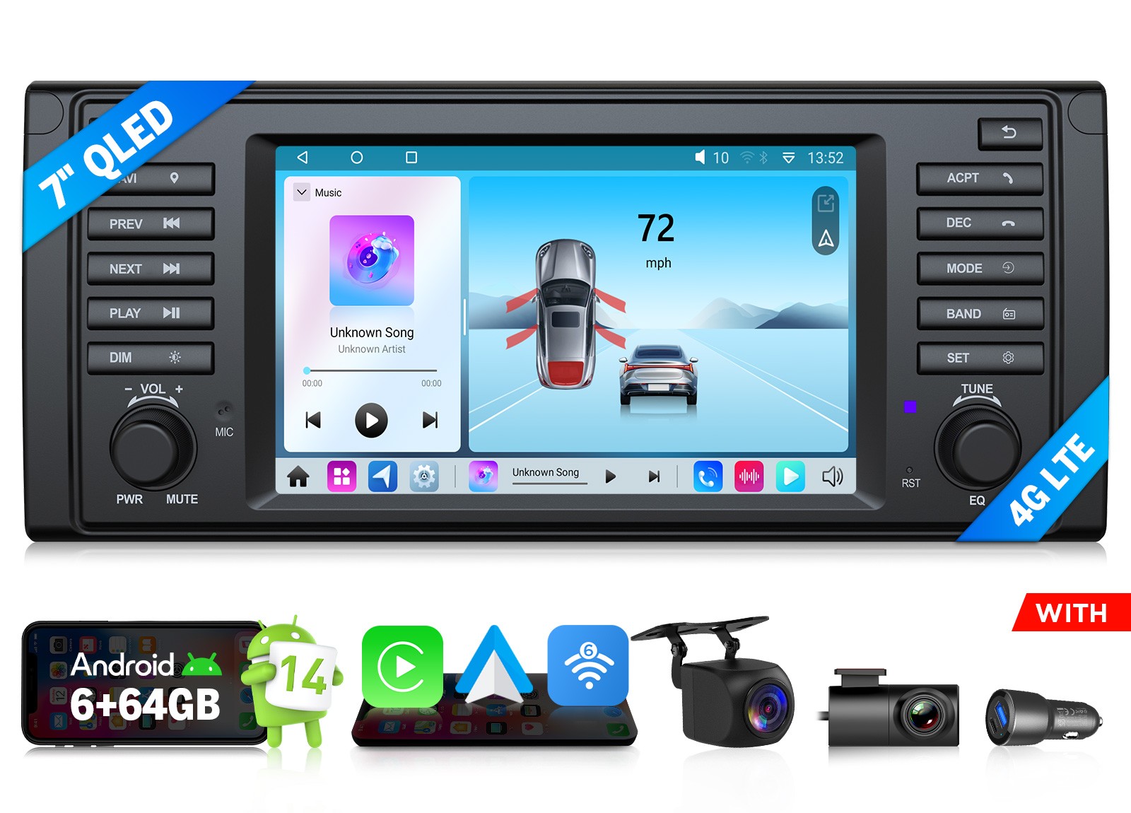 7″ QLED Android 14 6+64 8-Core Car GPS Radio Stereo CarPlay DSP WiFi for BMW E39