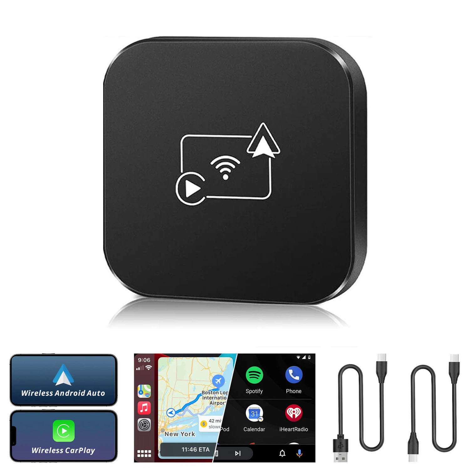 Black Wireless CarPlay AI box Android Auto WIFI Adapter Converter Plug and Play