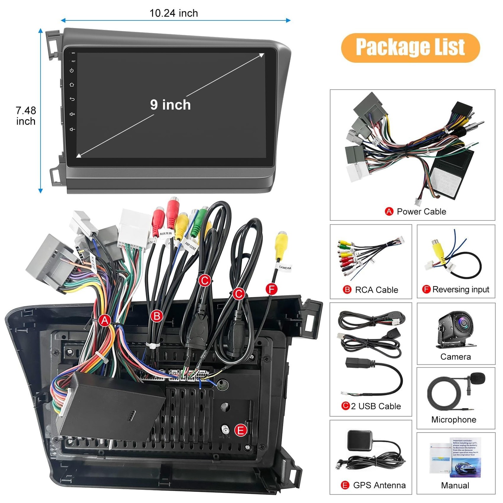 9″ Car Radio For Honda Civic 2012-2015 Wireless CarPlay Android Auto 4GB+64GB