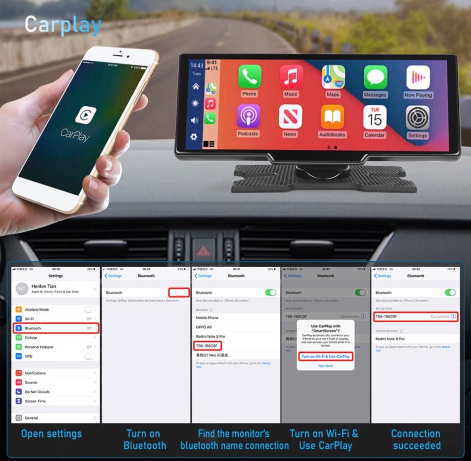 Touch Screen Wireless Apple CarPlay Android Auto DVR Dash Cam And Reverse Camera