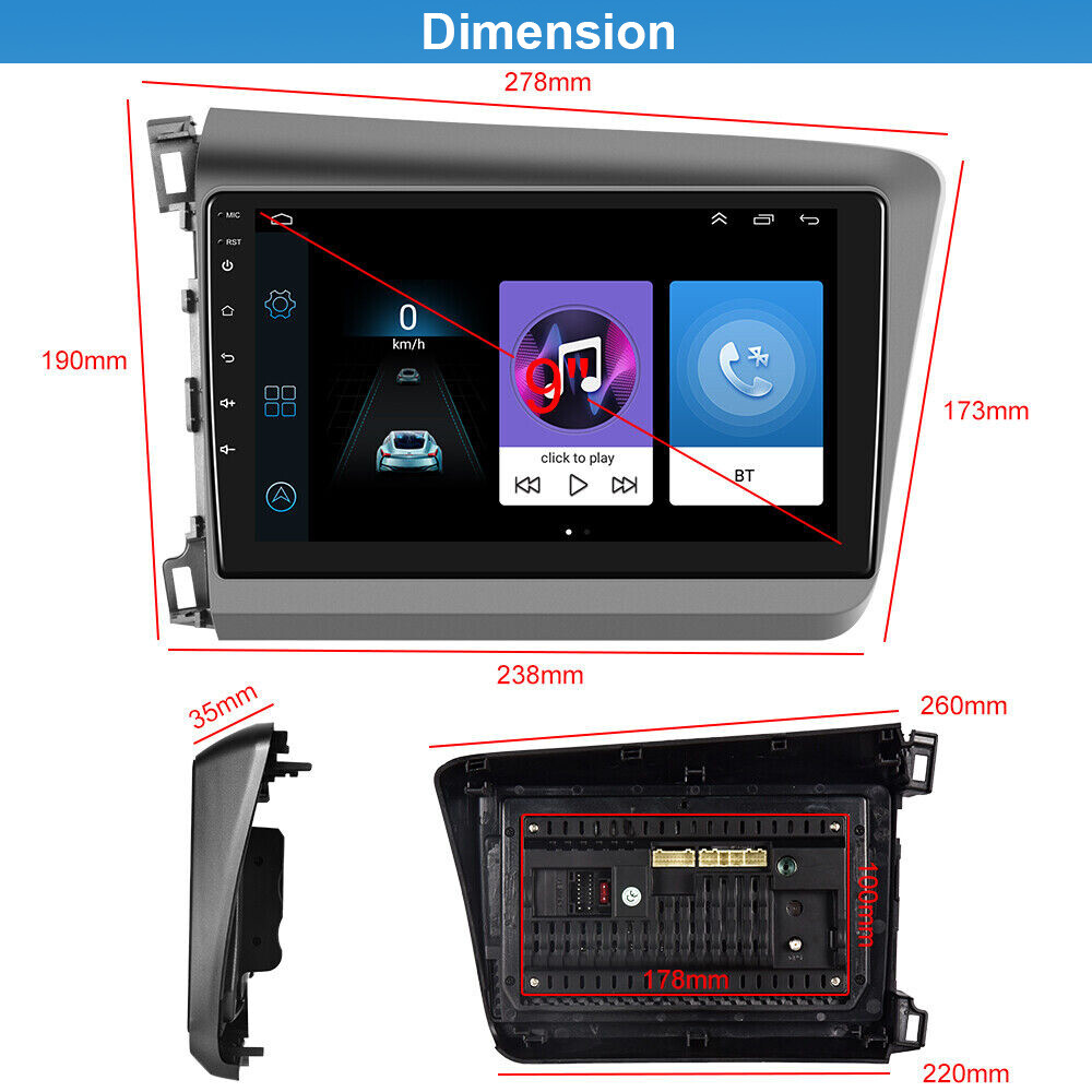 For Honda Civic 2012-2015 Apple CarPlay Android Auto Car Radio Stereo GPS Navi