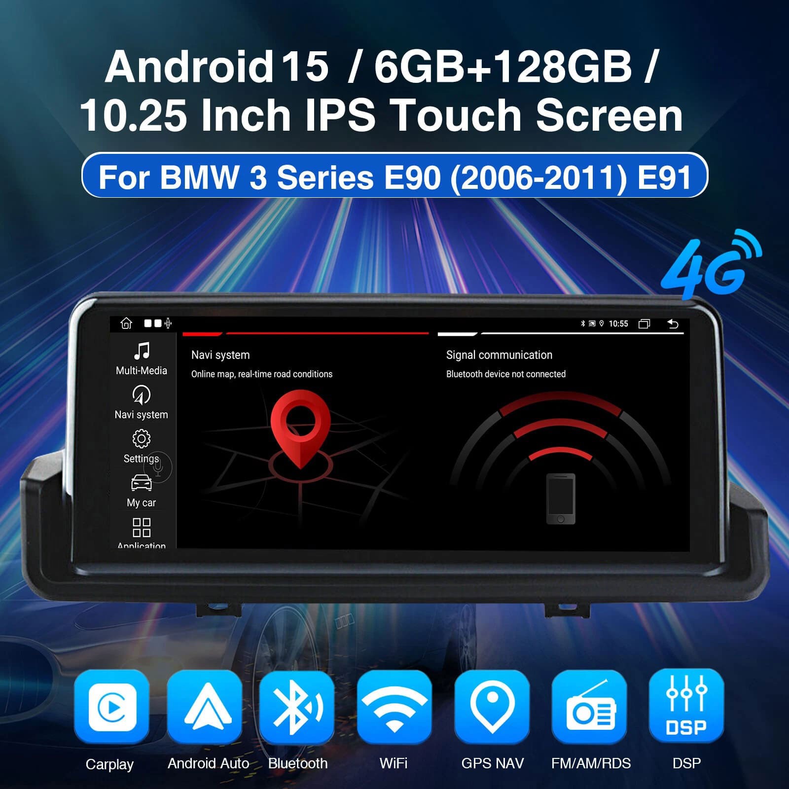 AHD+CarPlay Android 15 8Core 6+128G Car Stereo GPS Navi WIFI For BMW E90 E91 E92