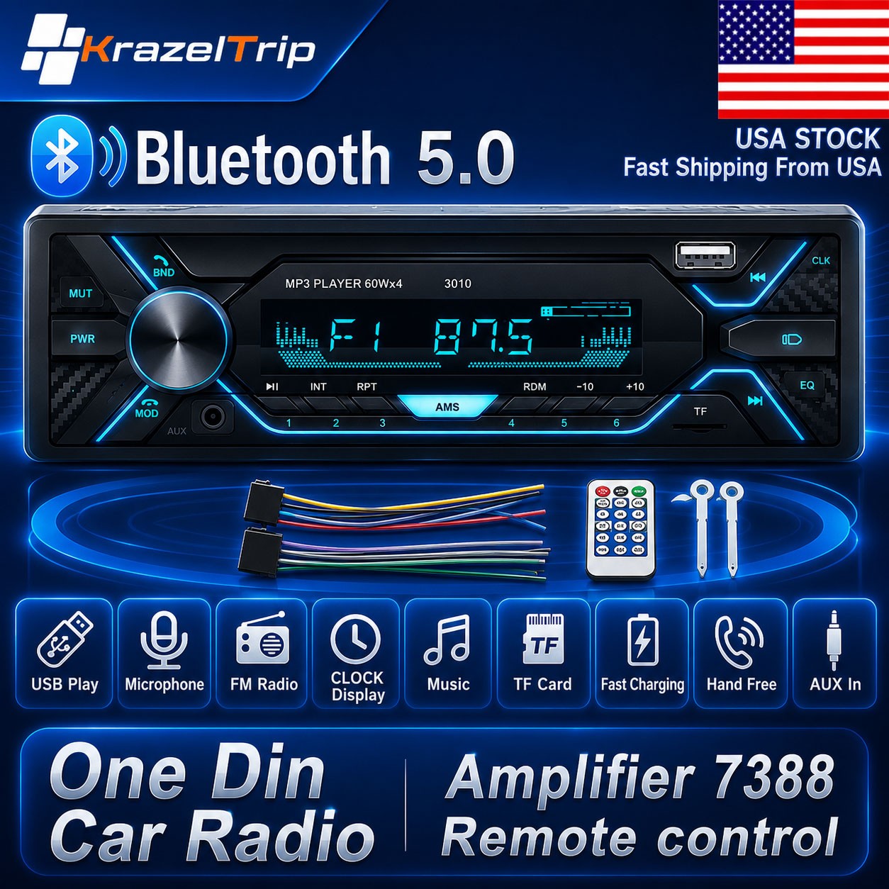 Single Din MP3 Player Car Radio Stereo Audio Receiver Bluetooth AUX FM SD USB