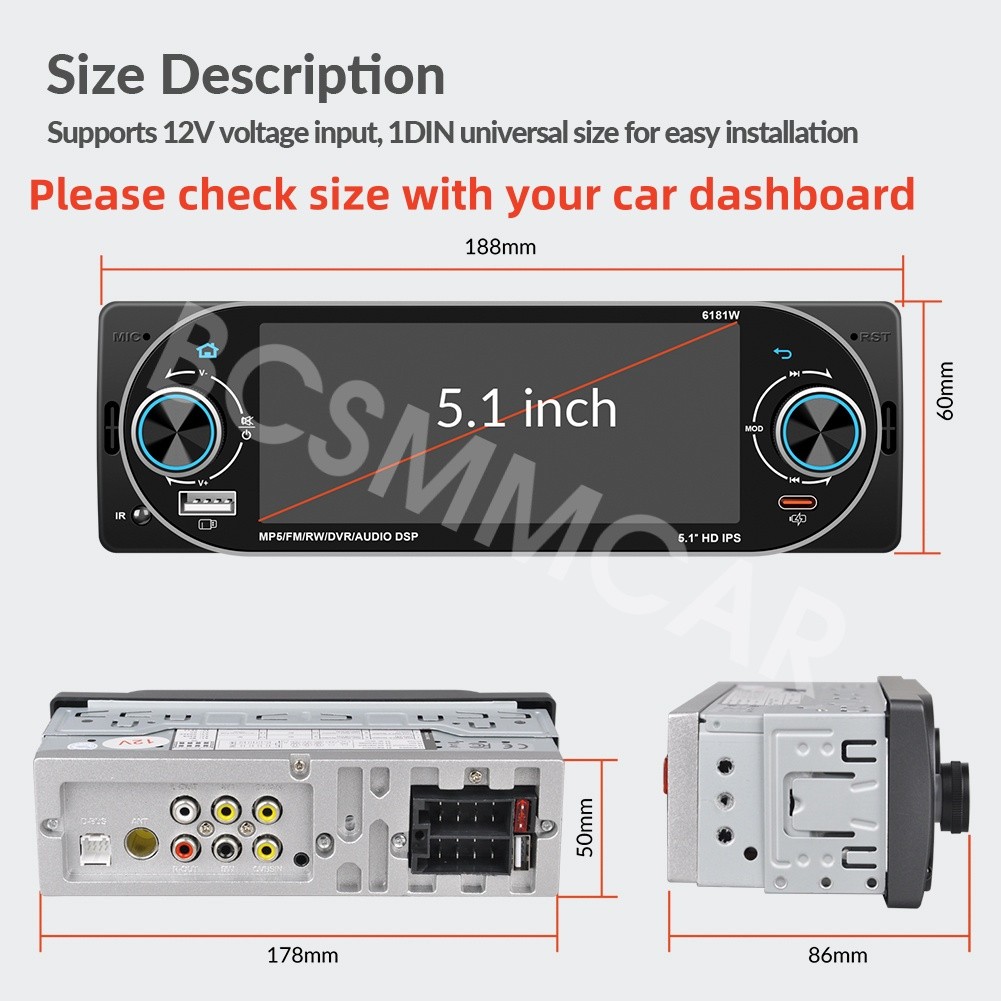 Car Radio Touch Screen MP5 Player USB Type-C BT FM/RDS W/Steering Wheel Control