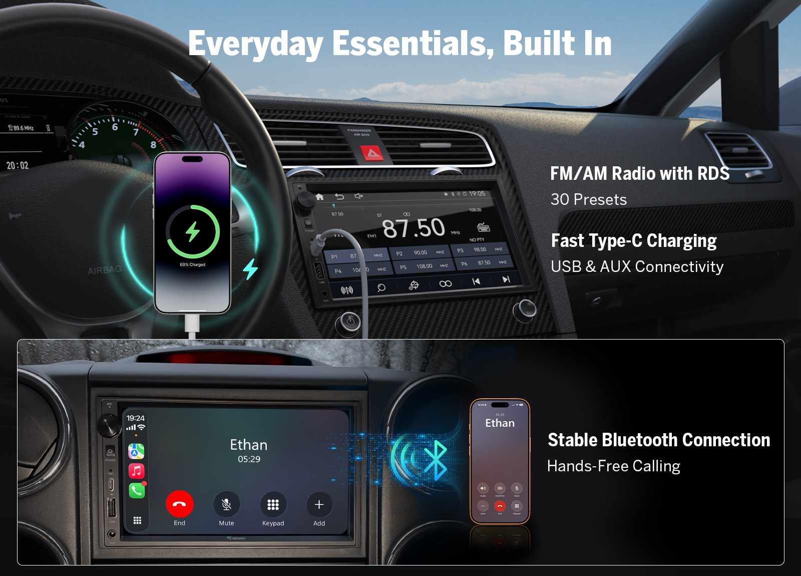 CAM+ Double 2DIN 7″ QLED Wireless Android Auto CarPlay Car Stereo Radio GPS Navi
