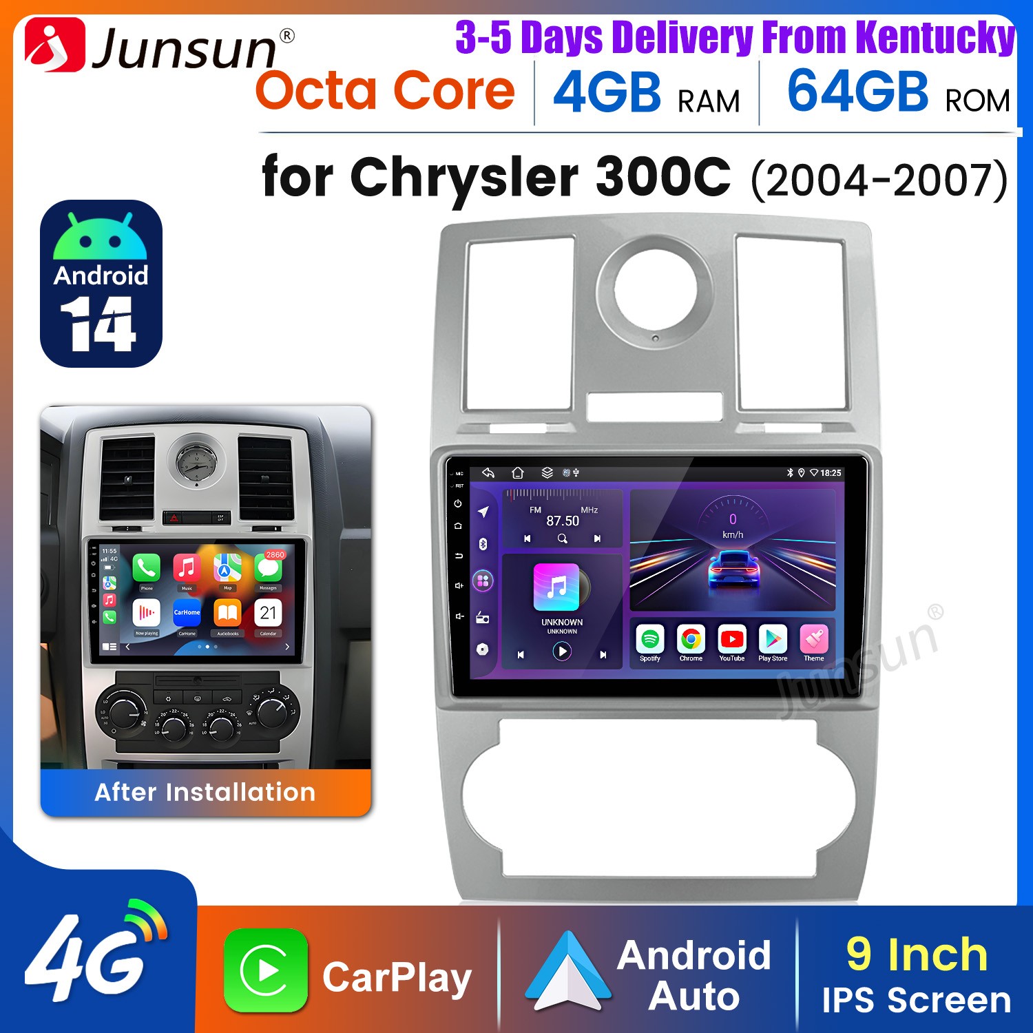 For Chrysler 300C 2004-2007 9″Android 14 Carplay 4+64G Car Stereo Radio GPS Navi