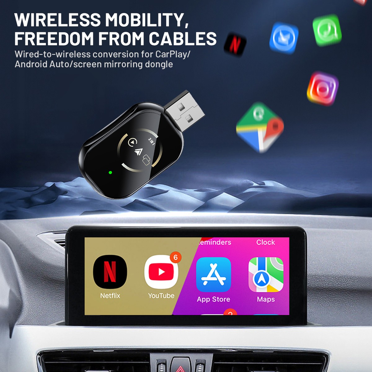 4-IN-1 Carplay Adapter Wired to Wireless CarPlay Android Auto Mirror Link NEW