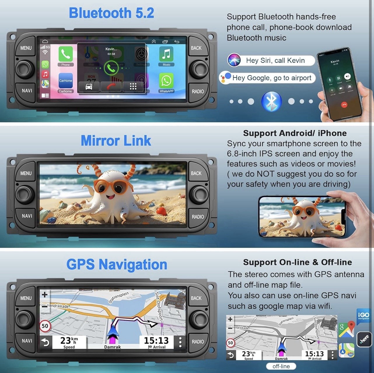 Car Stereo Radio 2002-2006 Ram Wrangler 6.8” Touchscreen CarPlay GPS