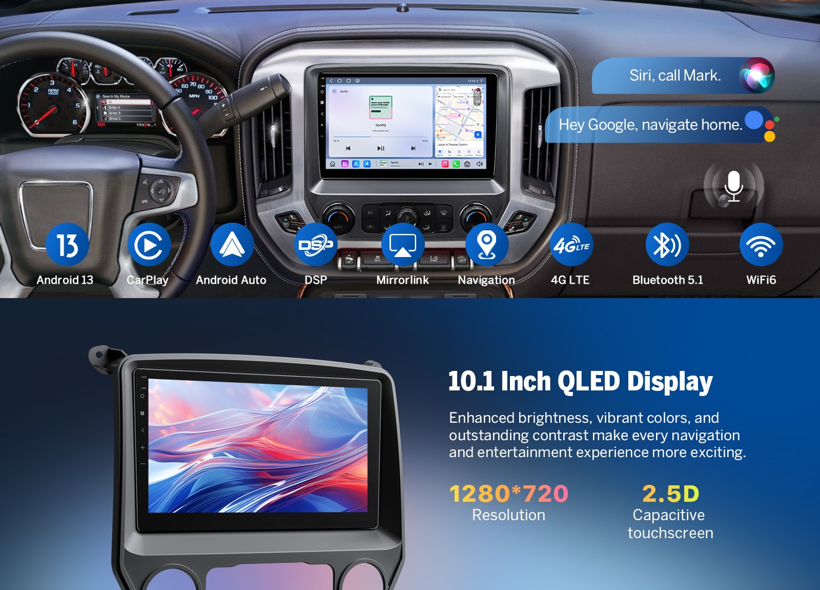 Eonon 10.1″ Android 13 QLED Car Stereo for Sierra 2014-2018 Wireless CarPlay GPS