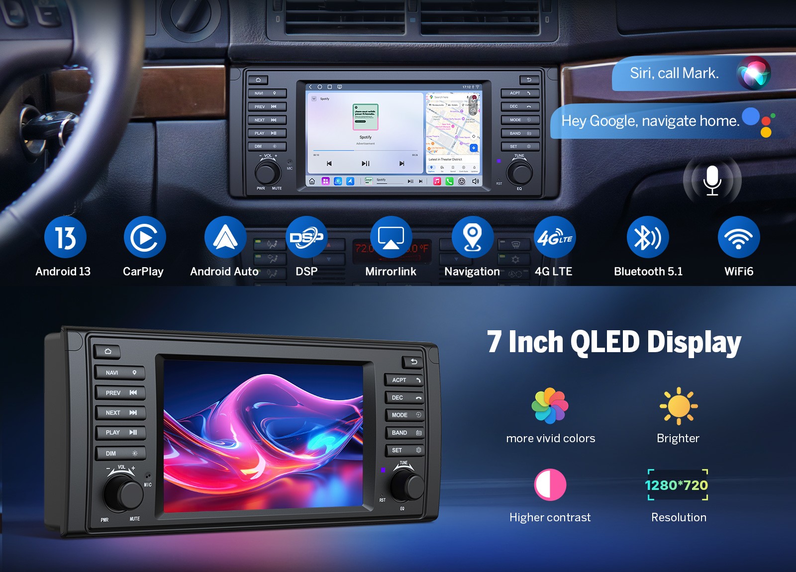 Android 13 Octa Core 7″ Car GPS Stereo Radio CarPlay DSP 4G Headunit for BMW E39