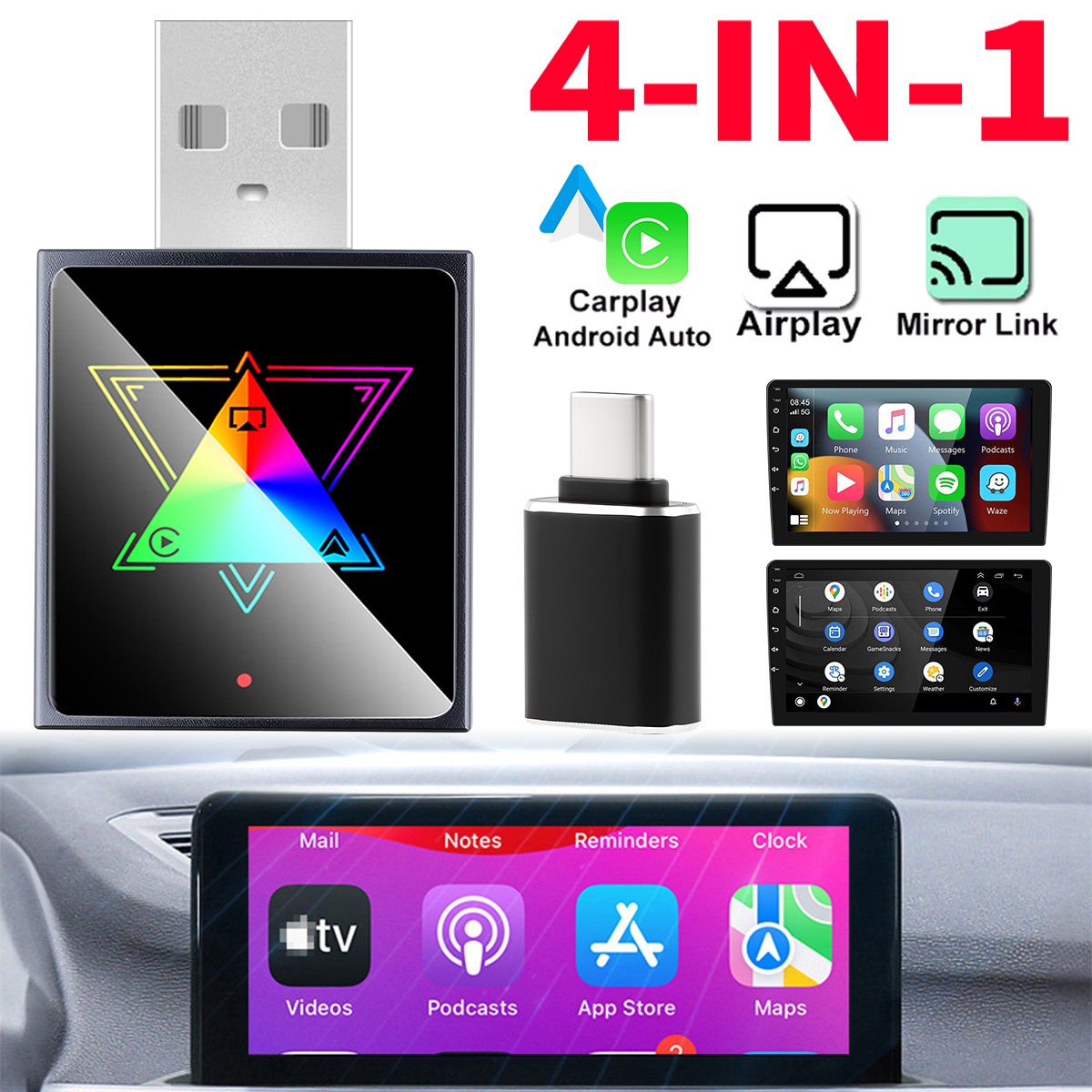 New 4-in-1 Wireless Adapter for Apple CarPlay Android Auto AirPlay MirrorLink