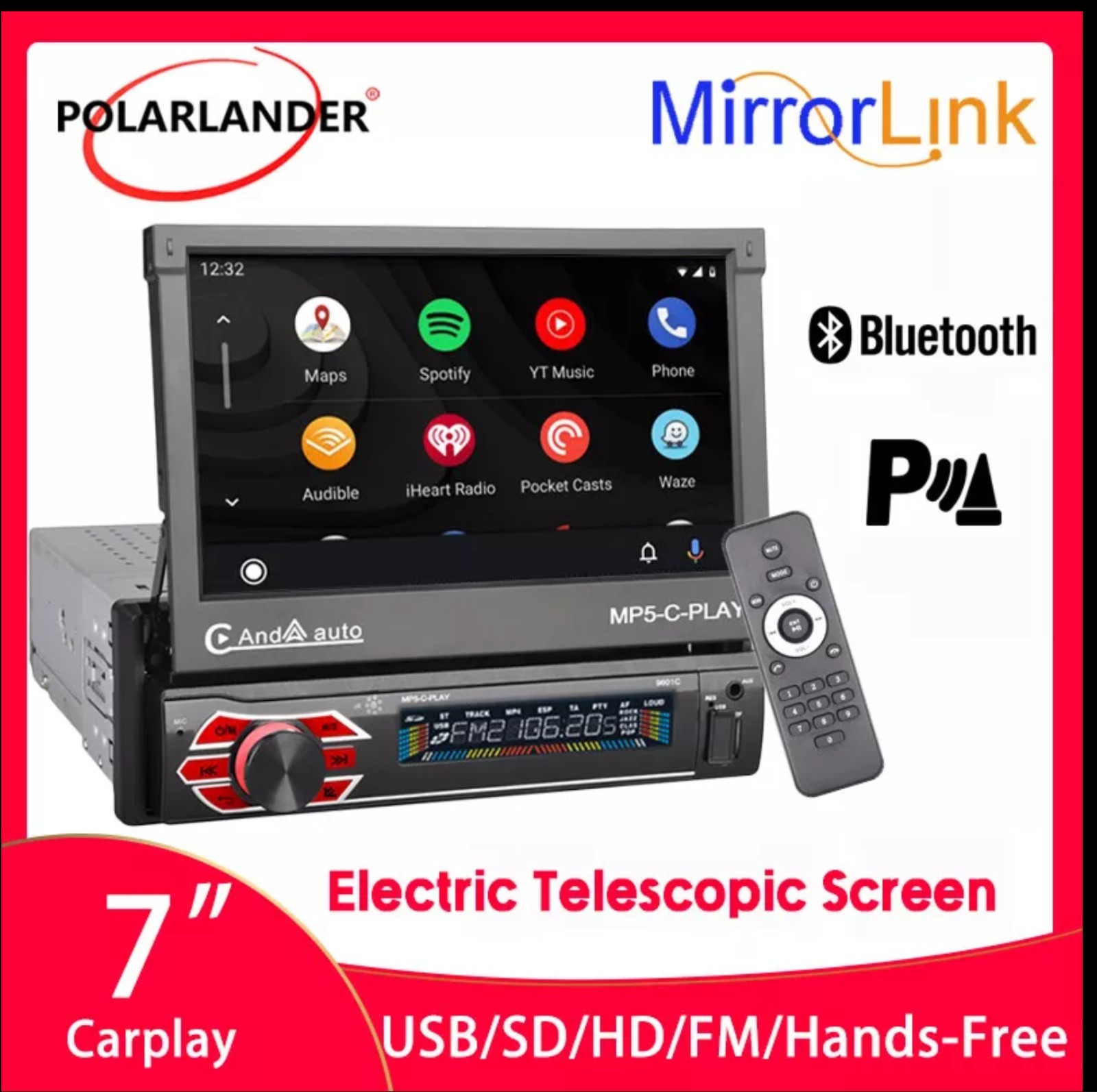 7” 1 Din Car Radio Flip Out Touch Screen Carplay Mirror Link BT TF FM Stereo