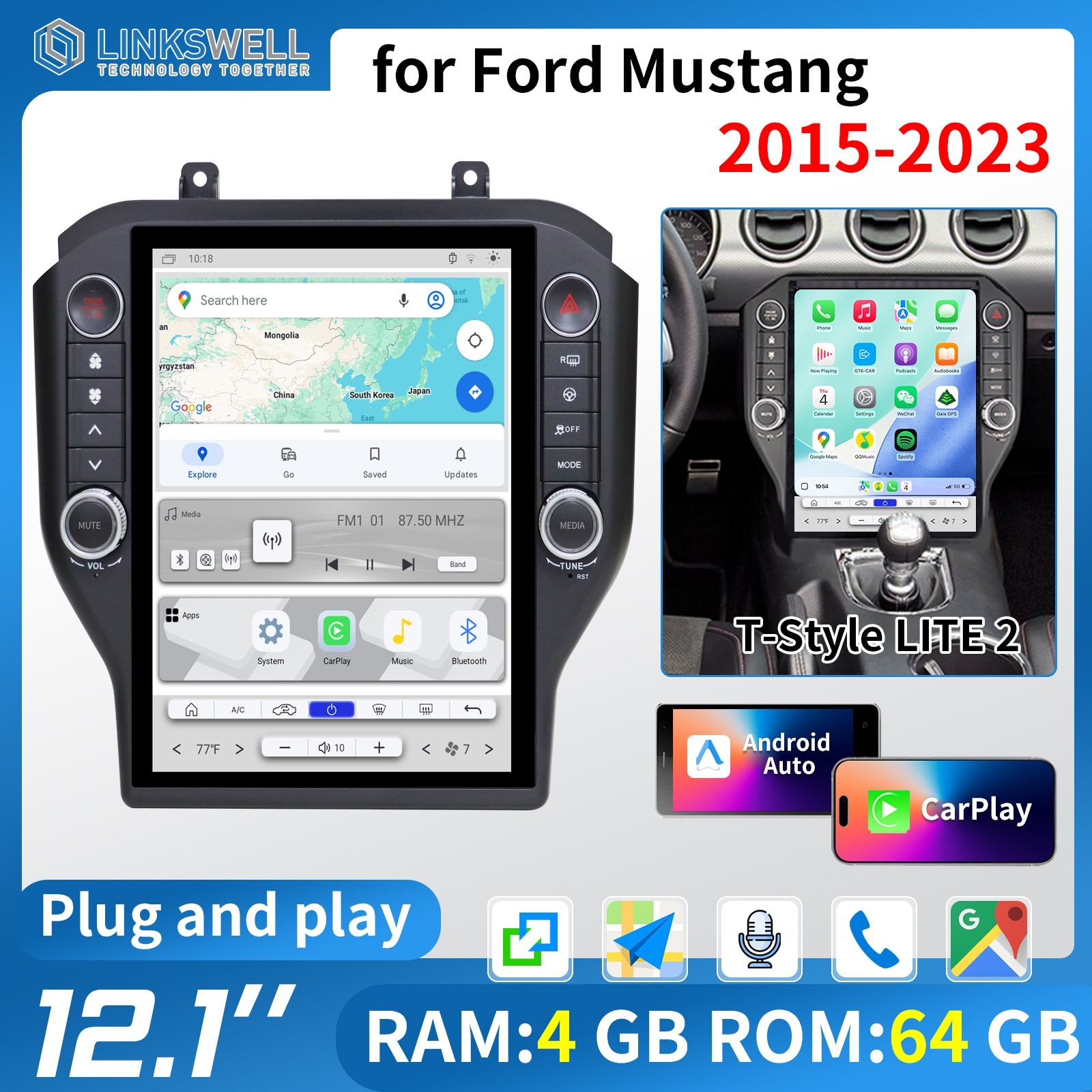 Android13 Apple Carplay For Ford Mustang 2015-2023 Car Stereo Radio Touch Screen
