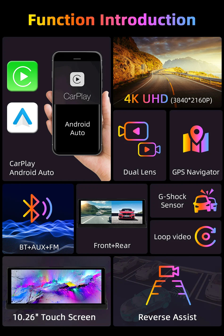 10.26 inch UHD Car DVR 4K Dashcam WirelessCarPlay/Android Auto 5G WiFi Dashboard