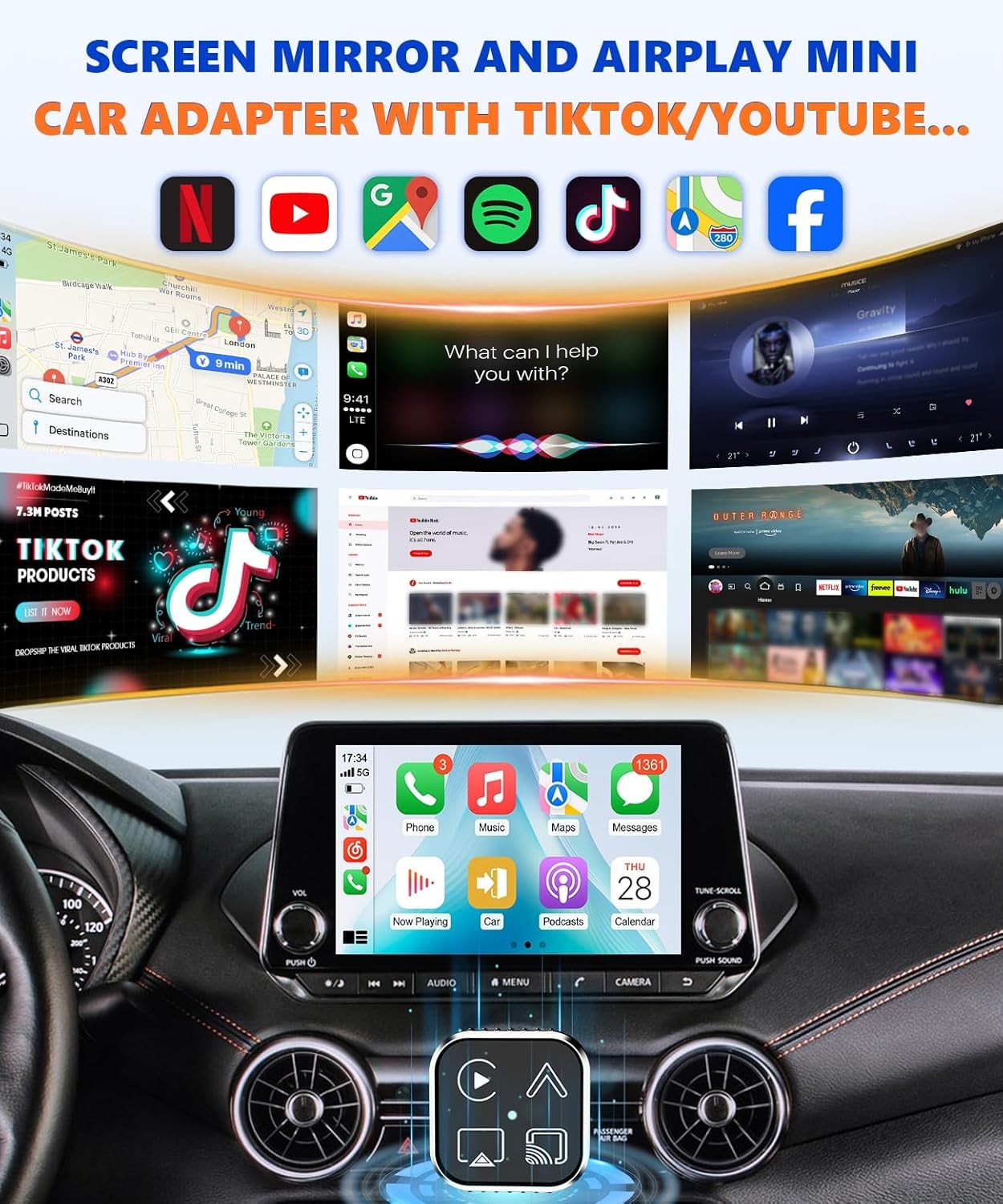 Wired to Wireless CarPlay Adapter for Apple iPhone/Android Auto/AirPlay/Miracast