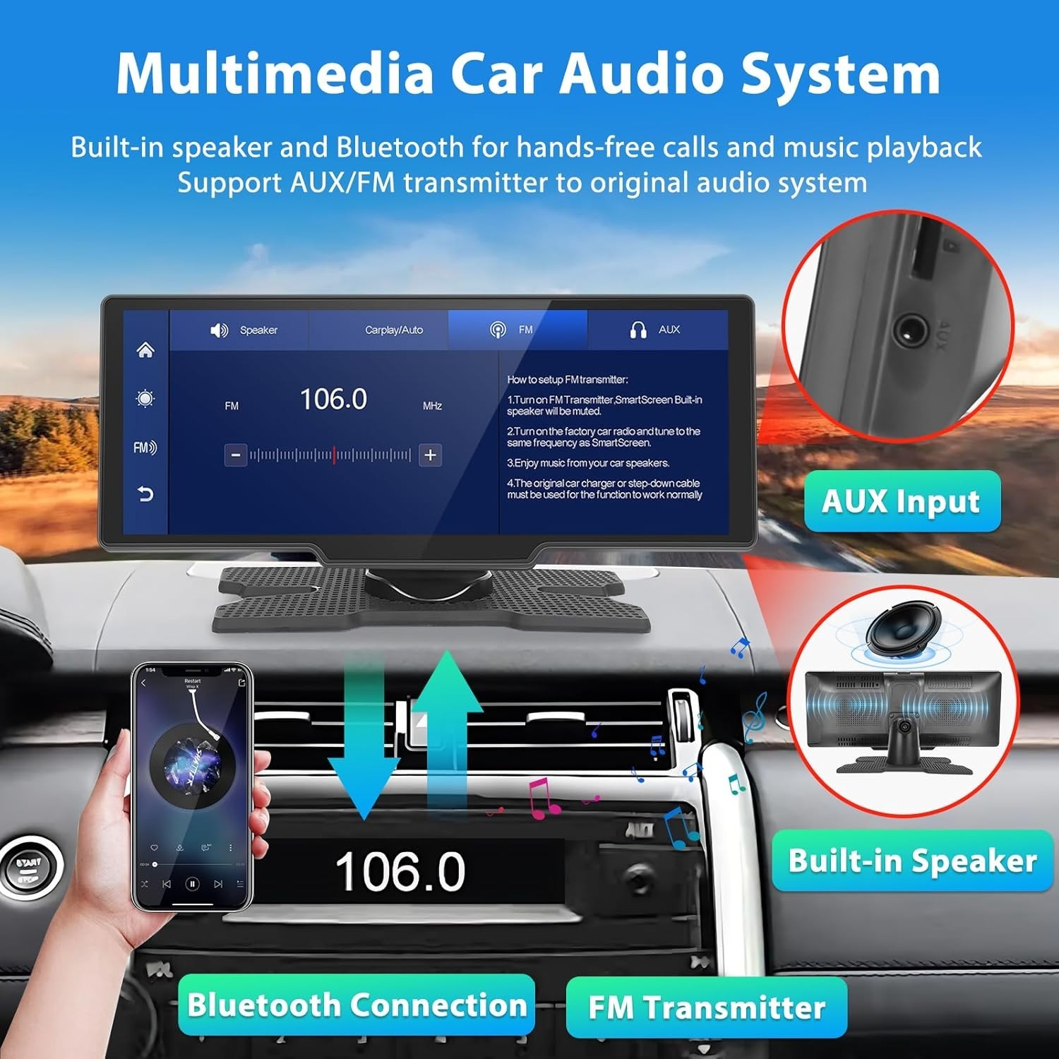 10.26″ Wireless Apple CarPlay Android Auto Portable Touch Screen Monitor Car FM