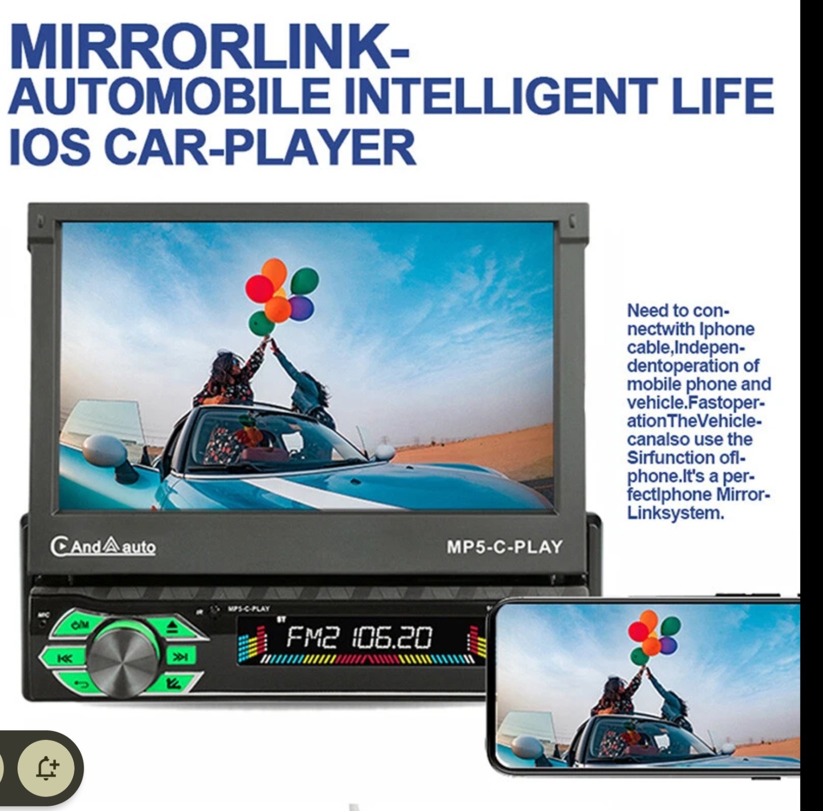 7” 1 Din Car Radio Flip Out Touch Screen Carplay Mirror Link BT TF FM Stereo