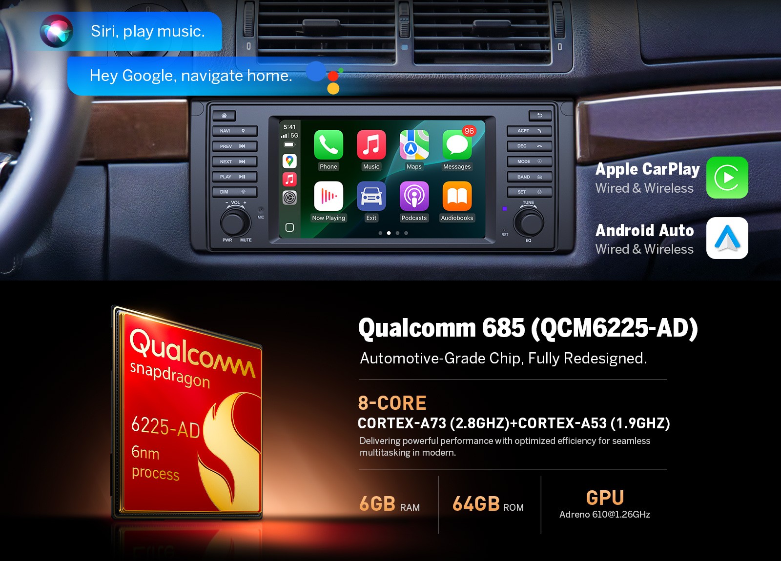 7″ QLED Android 14 6+64 8-Core Car GPS Radio Stereo CarPlay DSP WiFi for BMW E39