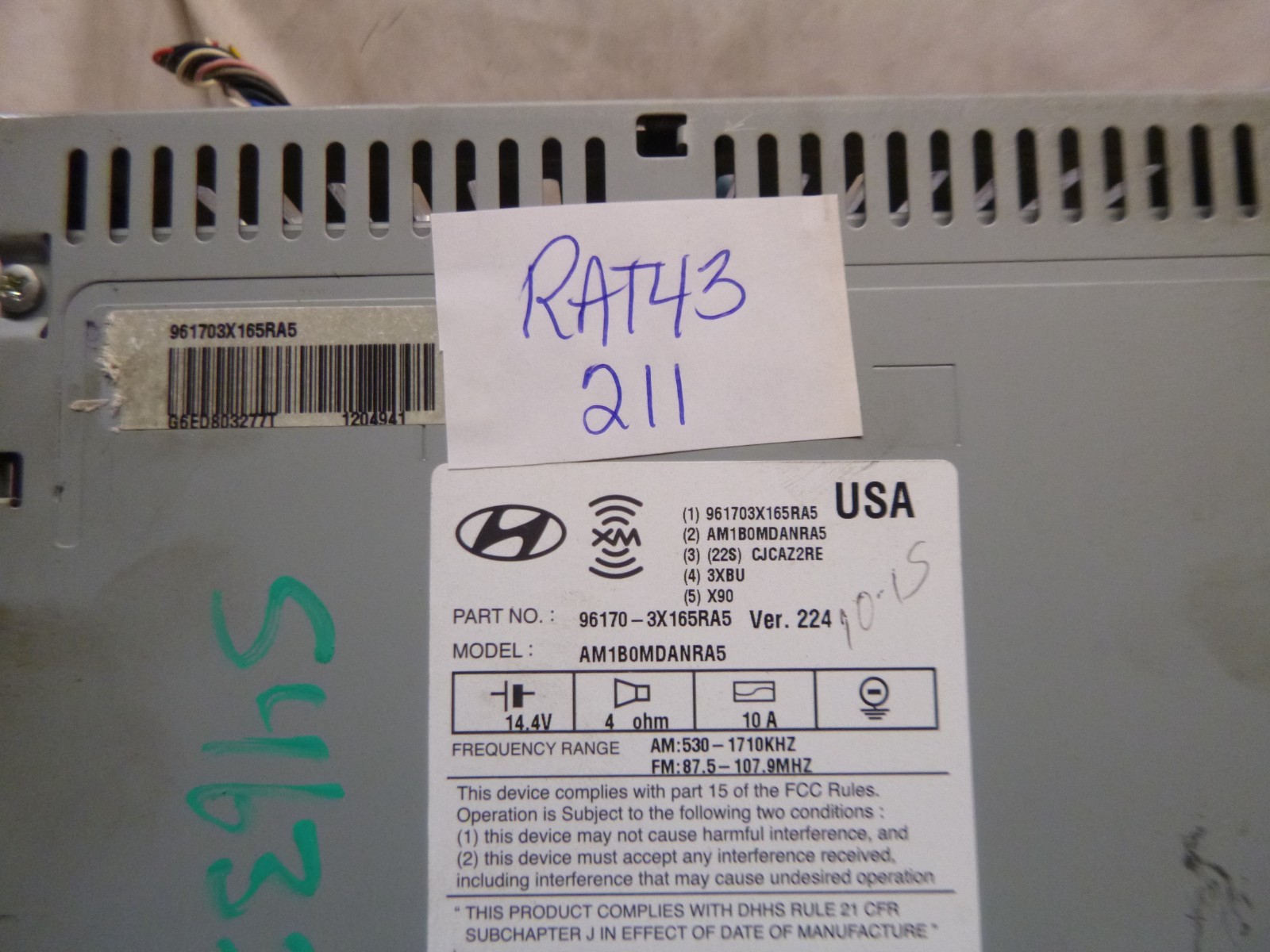 11 12 13 Hyundai Elantra OEM Radio Cd MP3 XM Bluetooth 96170-3X165RA5 RAT43-211