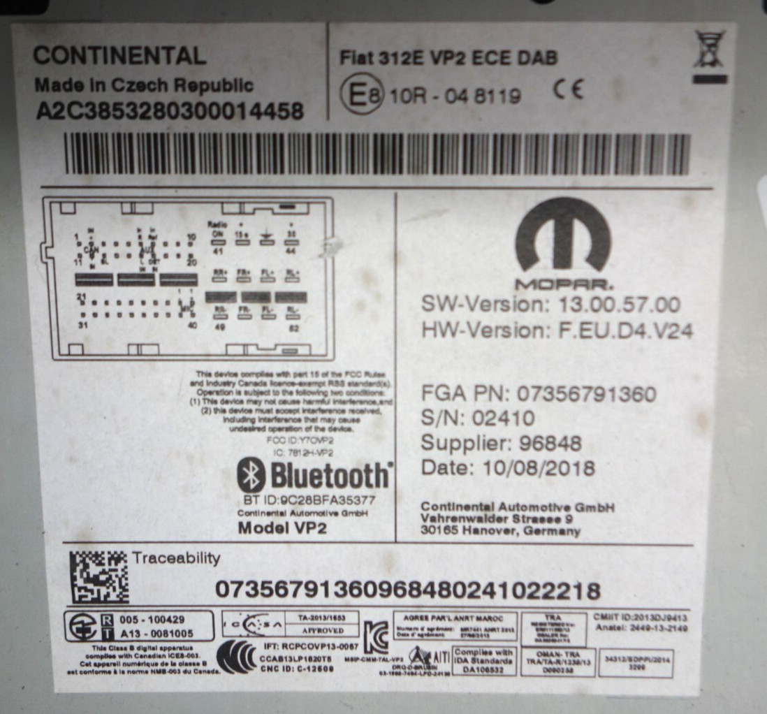 Fiat 500 Continental 312E VP2 ECE DAB Radio / Stereo (2016 Onward) (7356791360)