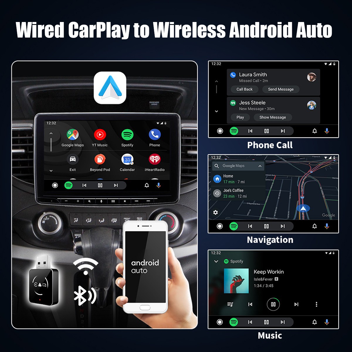 Wireless CarPlay Android Auto Adapter Dual USB Type-C Plug&Play 5G WiFi BT 5.2