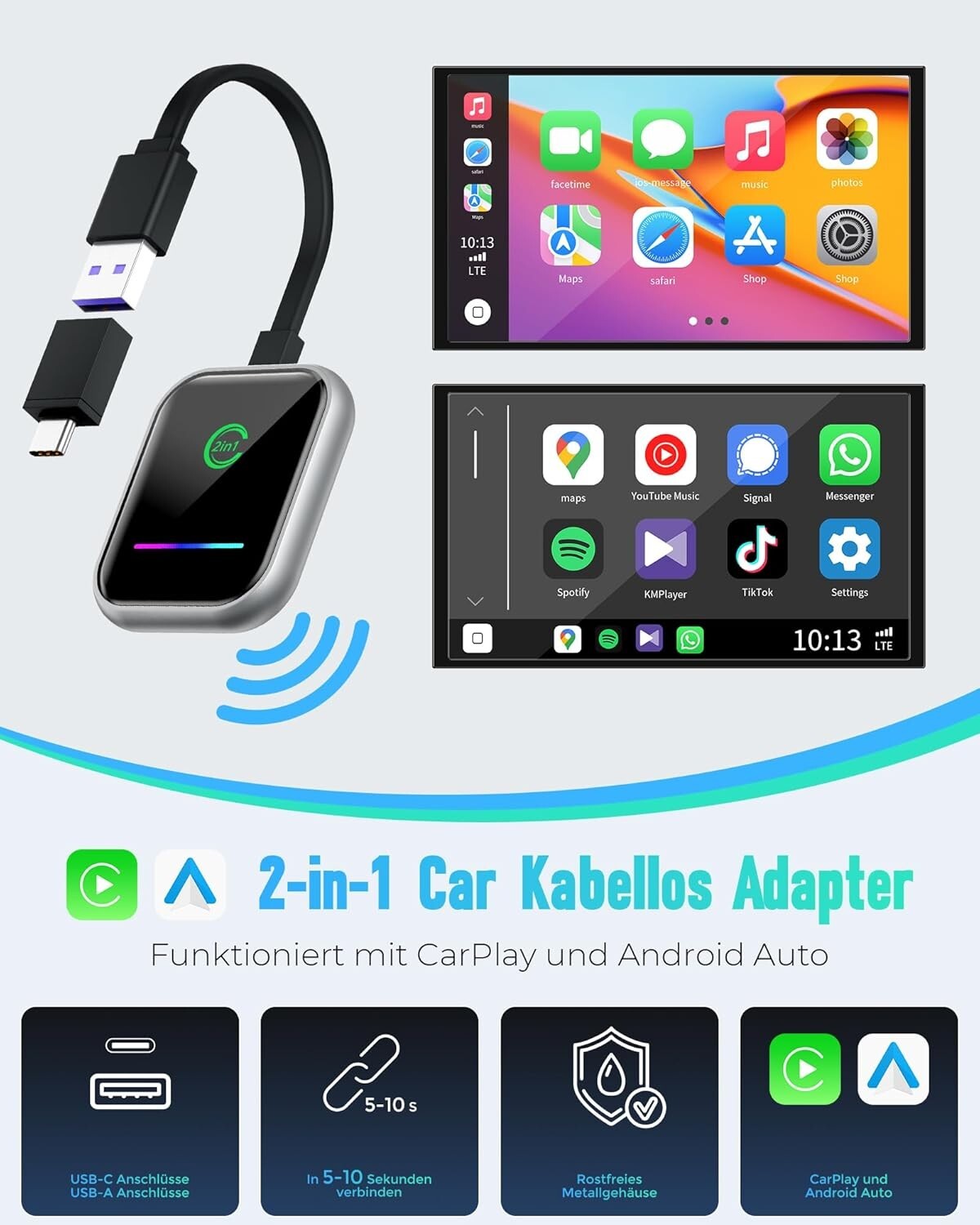 CarPlay Wireless Adapter Dongle Plug and Play Wired Cars for iOS Android B1028
