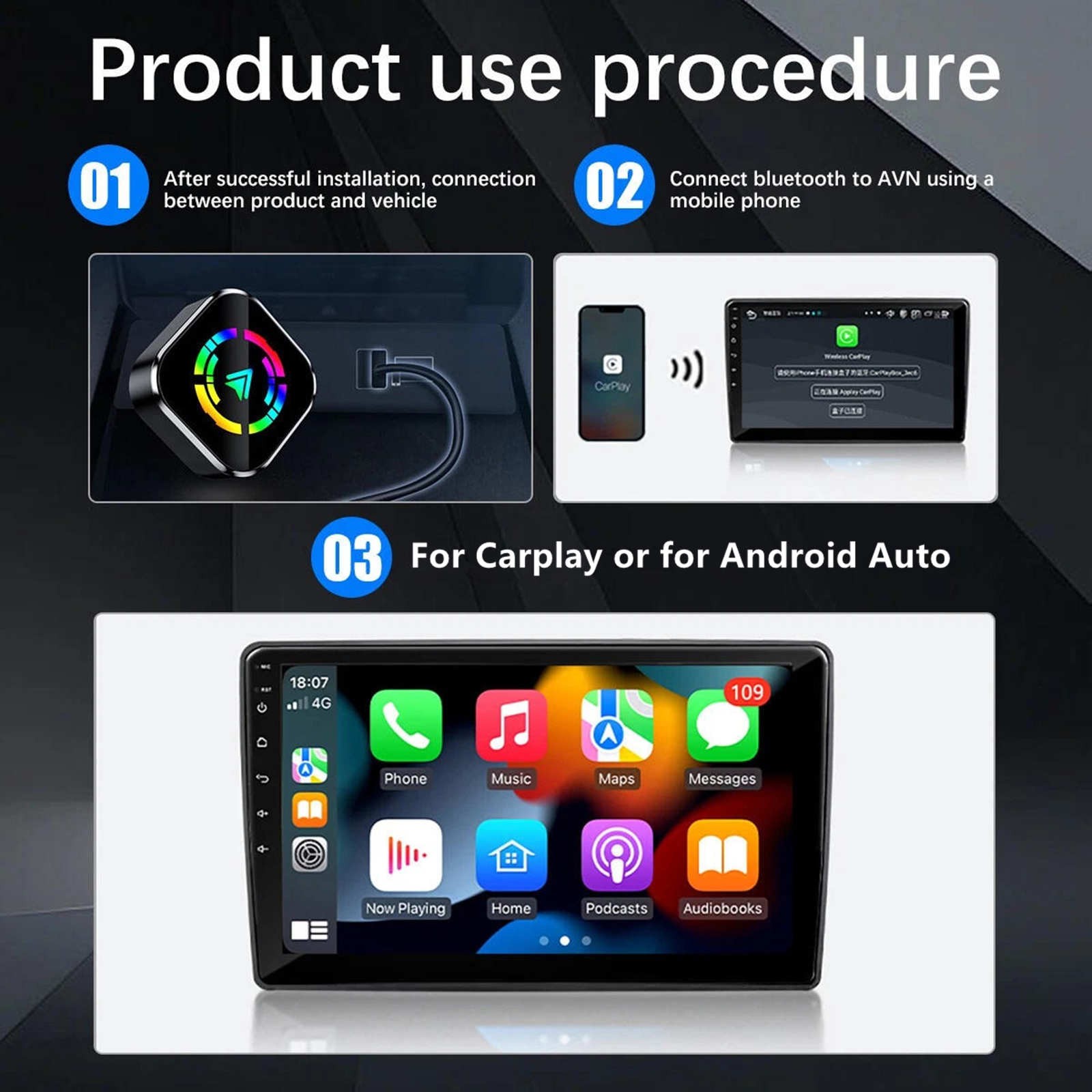 Wireless Adapter for CarPlay Bluetooth 5.0 Dual Band WiFi for iOS Android Phone