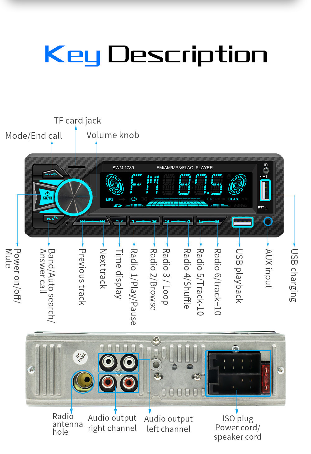 Single Din Car Radio Stereo Bluetooth MP3 Player FM/AM USB/TF/AUX In Head Unit