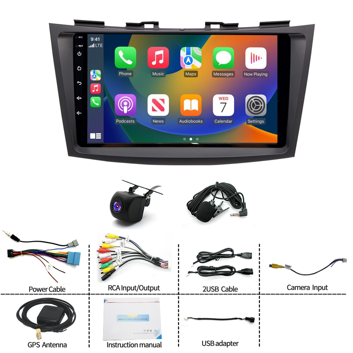 4+64G Android 15 CarPlay Stereo Radio GPS Sat Nav 9″ For Suzuki Swift 2010-2016