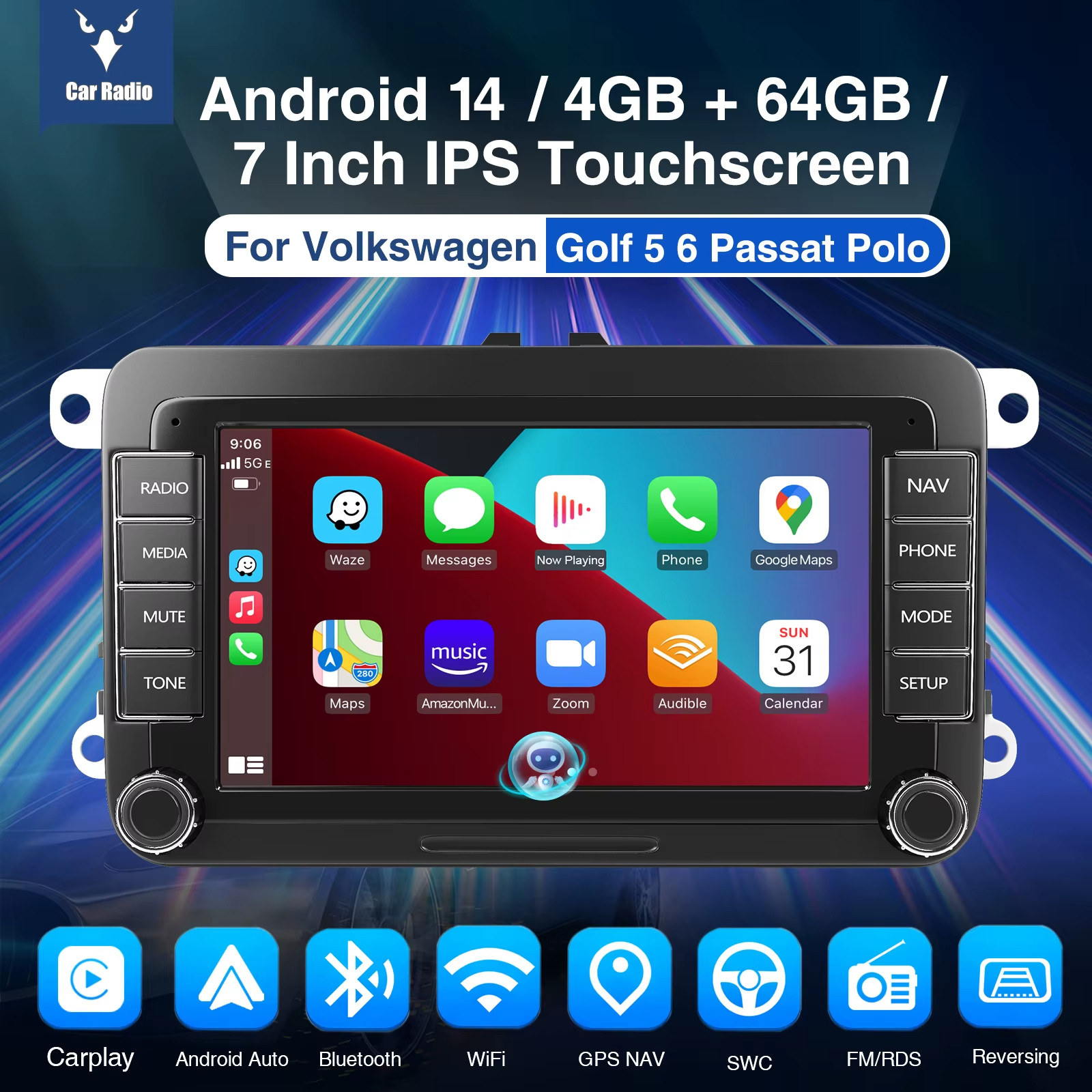 ESSGOO 7″ Android 14 4G+64G Apple Carplay Car Stereo GPS NAVI WIFI FM BT – New