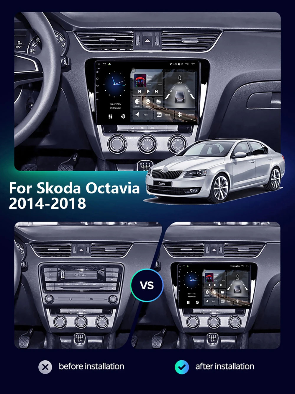 Car Radio For Skoda Octavia 2014-2018 Android Multimedia Stereo Carplay Navi GPS