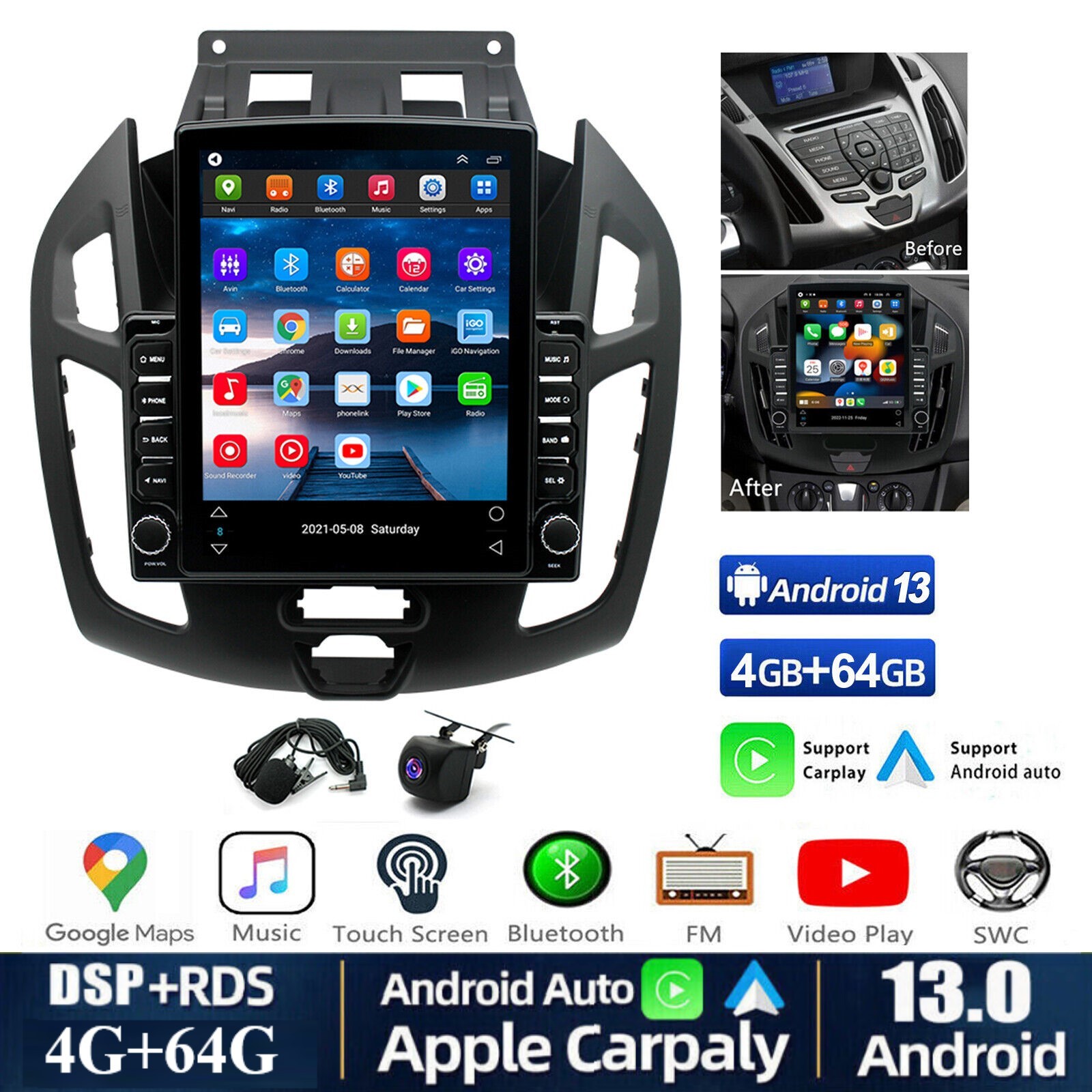 9.7″ For 2014-2018 Ford Transit Connect Carplay FM Stereo Radio Head Unit 4+64GB