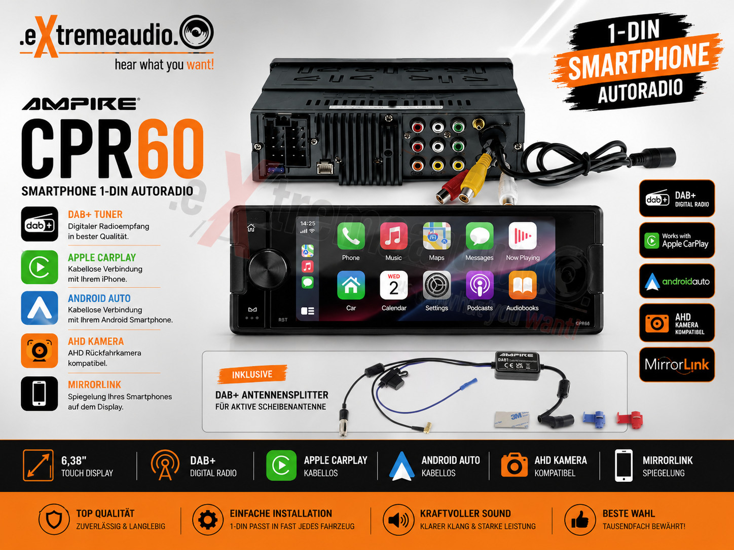 AMPIRE CPR60 Smartphone DAB+ Car Stereo AHD with Free DAB+ Antenna Splitter