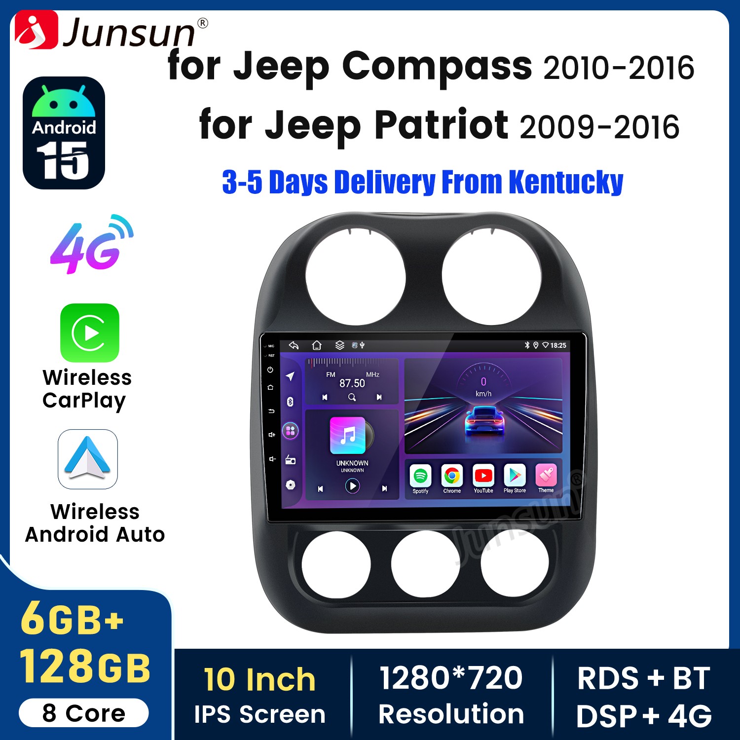 8Core 6+128G Carplay Android15 For Jeep Patriot Compass 09-16 Car Radio GPS Navi