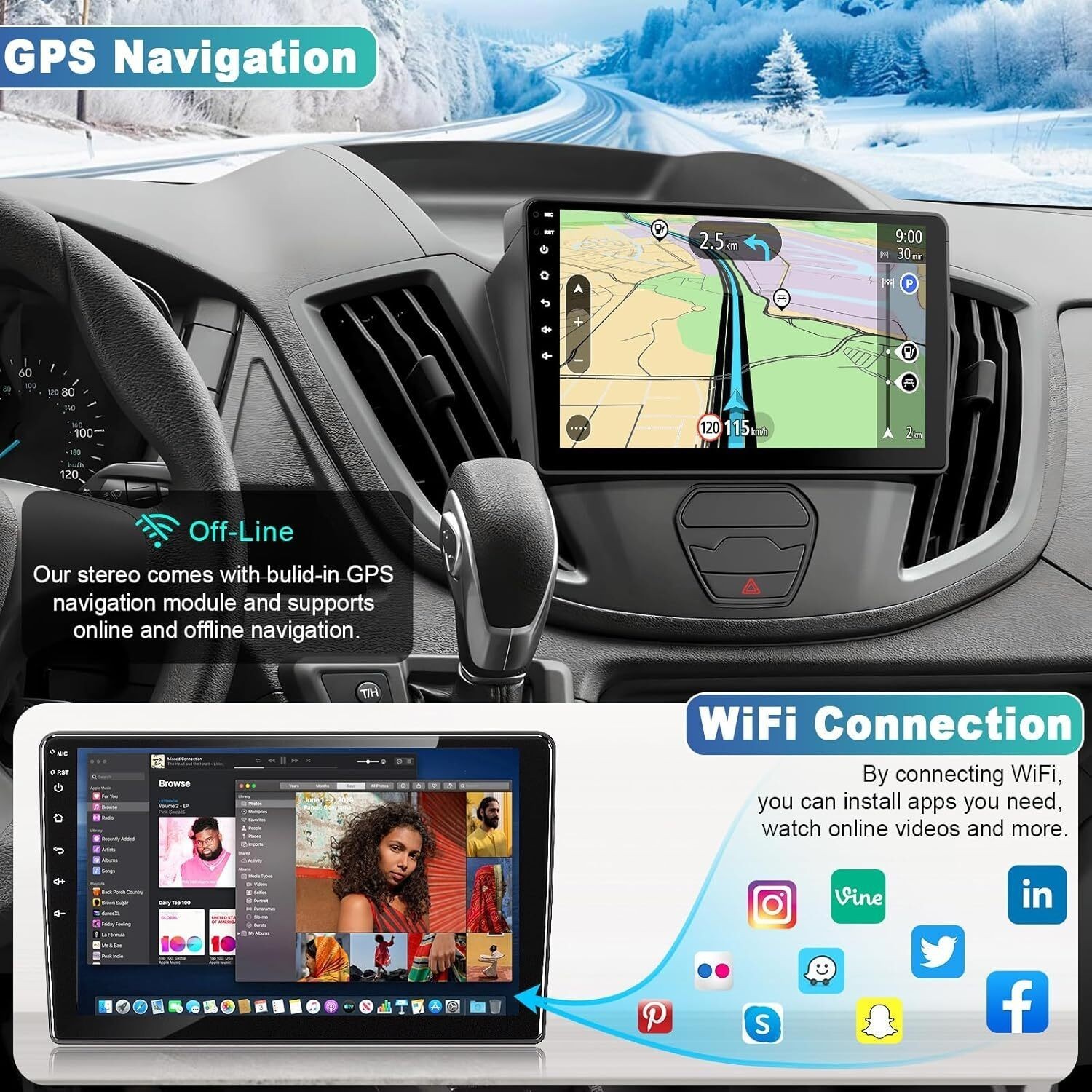 For 2015-2019 Ford Transit Carplay Radio FM RDS GPS Navi Backup Camera 4+32G 9in