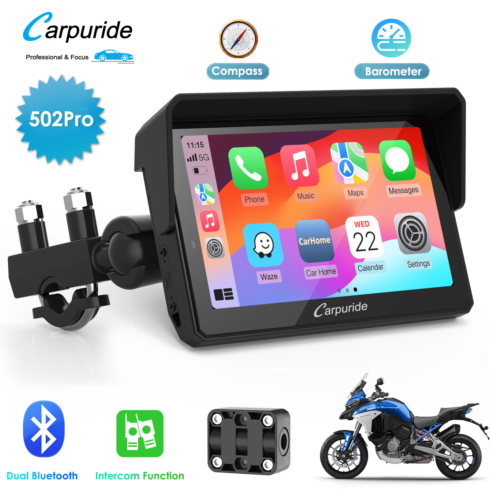 Carpuride W502Pro Motor Stereo Carplay Android Auto Intercom Compass Waterproof