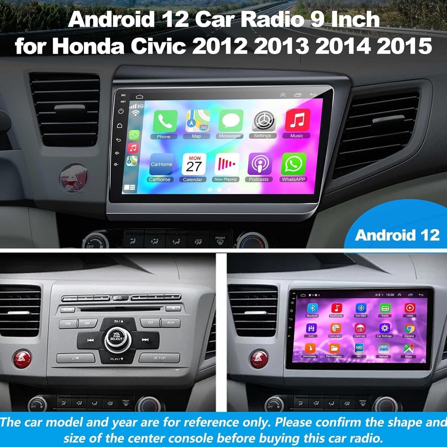 9″ Car Radio For Honda Civic 2012-2015 Wireless CarPlay Android Auto 4GB+64GB