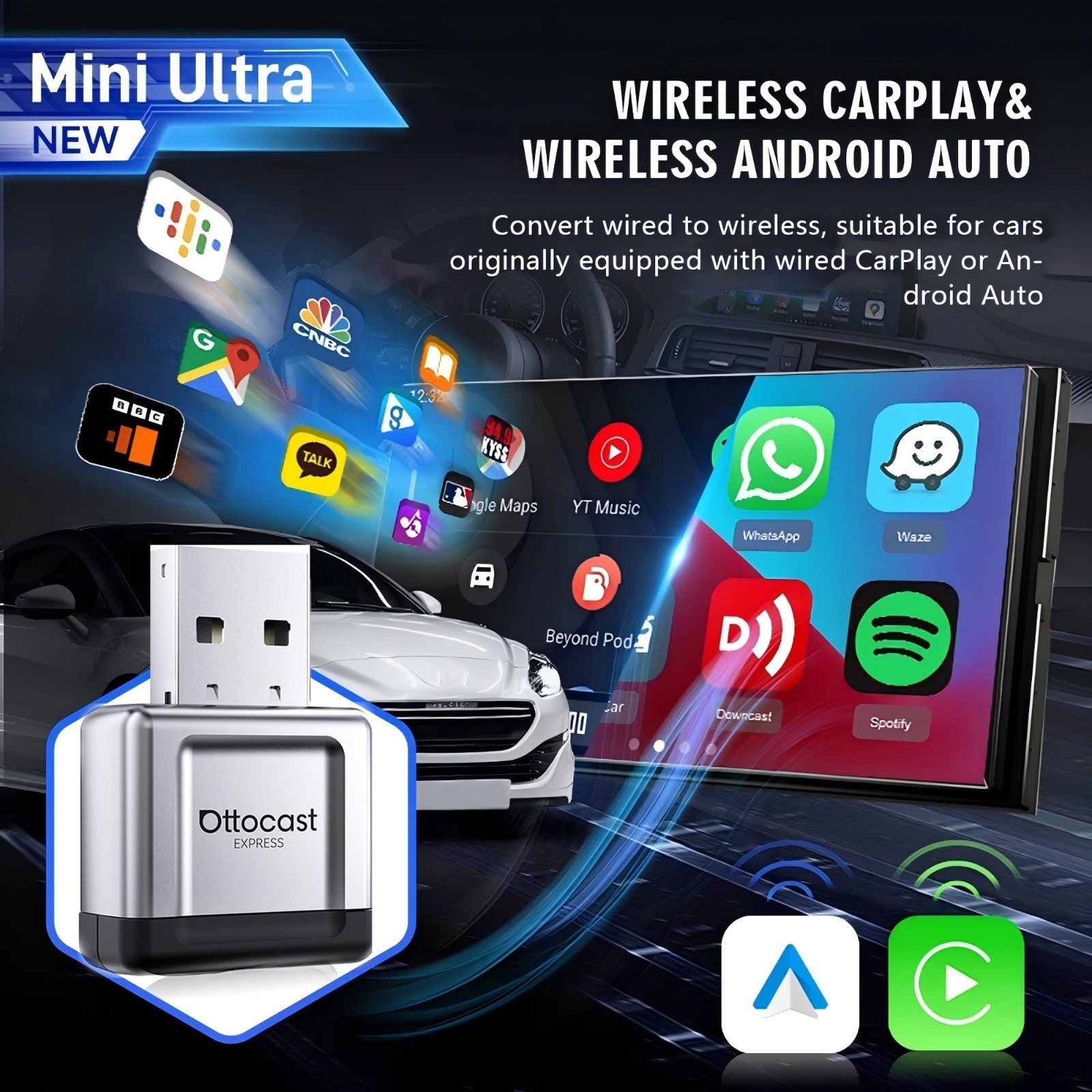 Ottocast 5.0 MINI Ultra Wireless CarPlay Android Auto Adapter Auto Connection