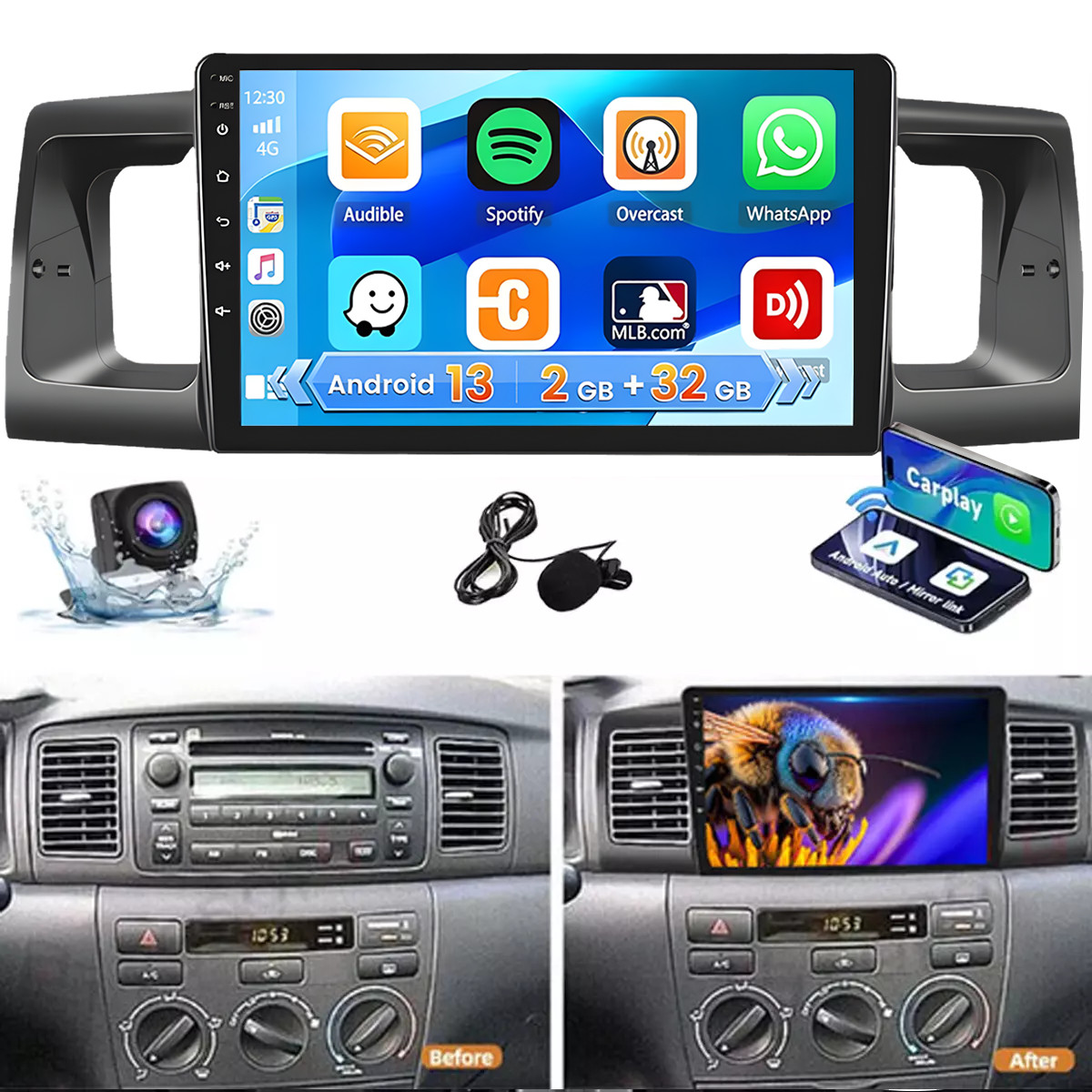 Car Radio Stereo Carplay For 2003-2008 Toyota Corolla 4+64G 9in BT Head Unit