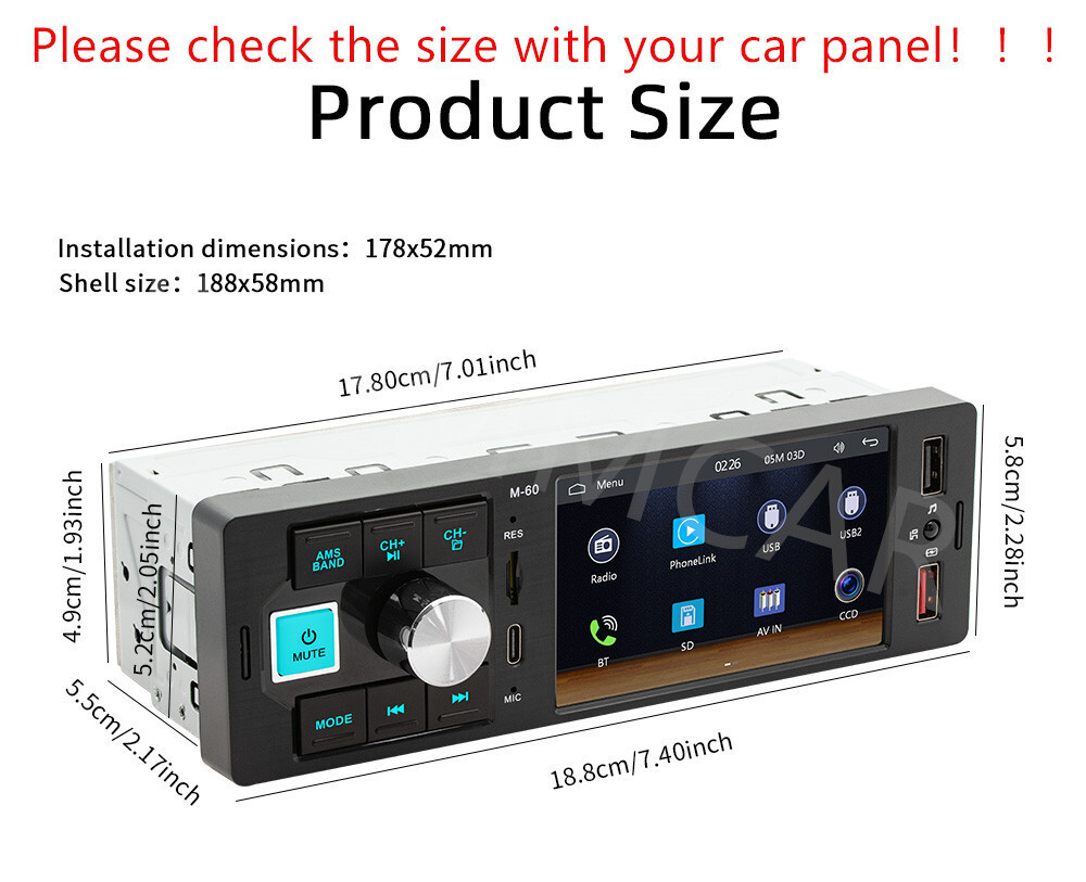 4.1in Car Radio Stereo Video Player 1 Din For CarPlay Android Auto TF/AUX/USB/FM