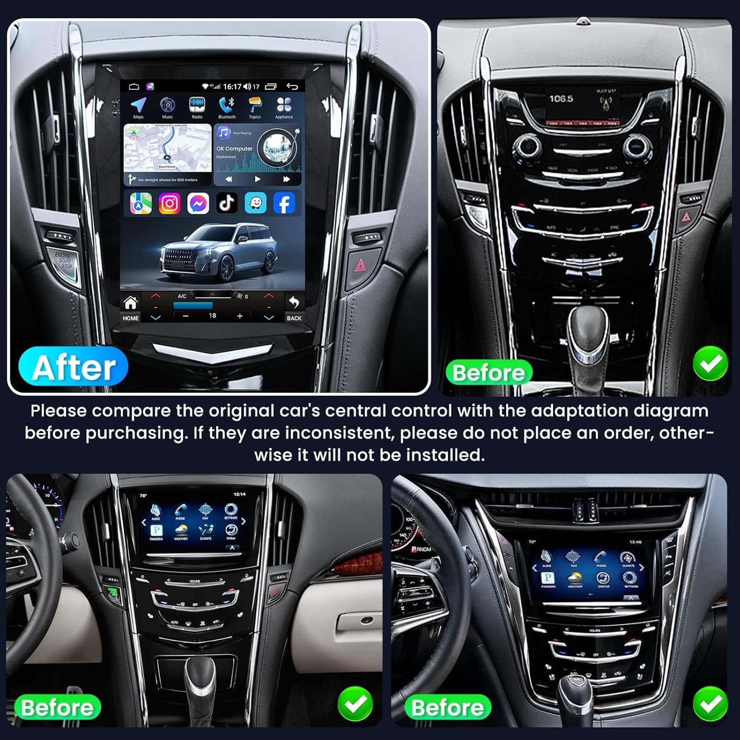 Android 15.0 Tesla Screen GPS Radio For Cadillac ATS CTS SRX Escalade 2013-2018