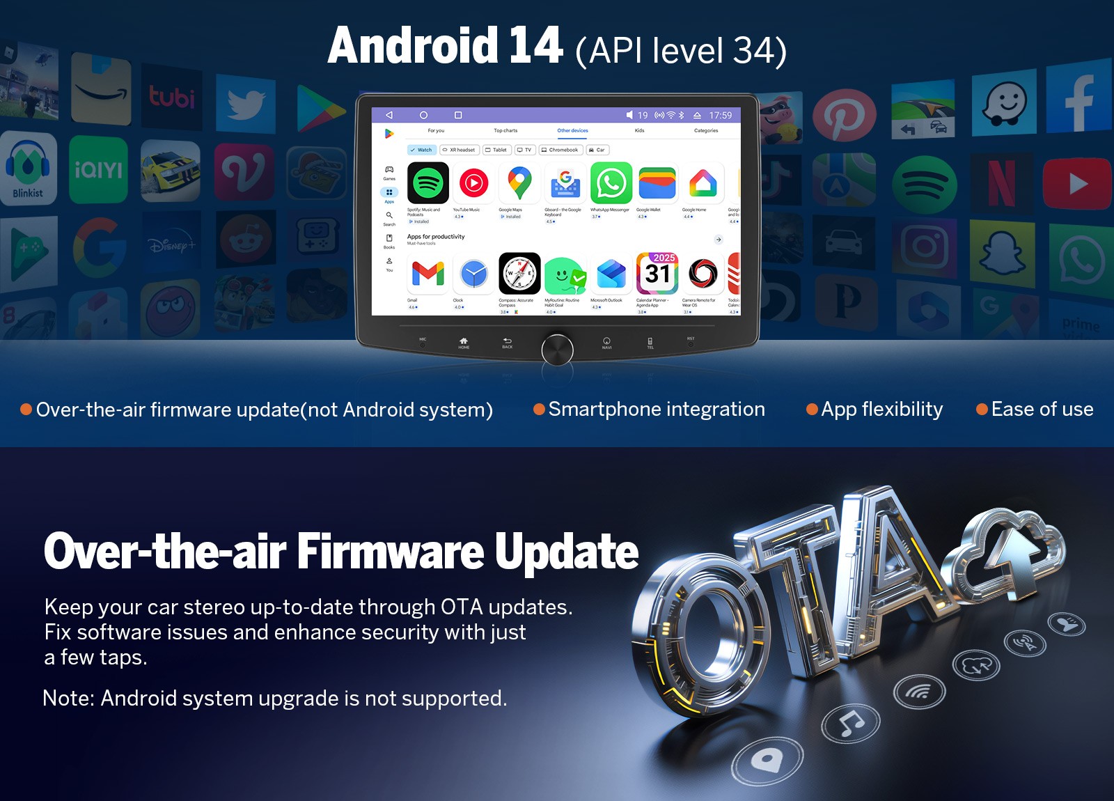 10.1″ QLED Android 14 6+64 2Din Car Stereo CarPlay GPS Nav WiFi Radio 4G LTE DSP