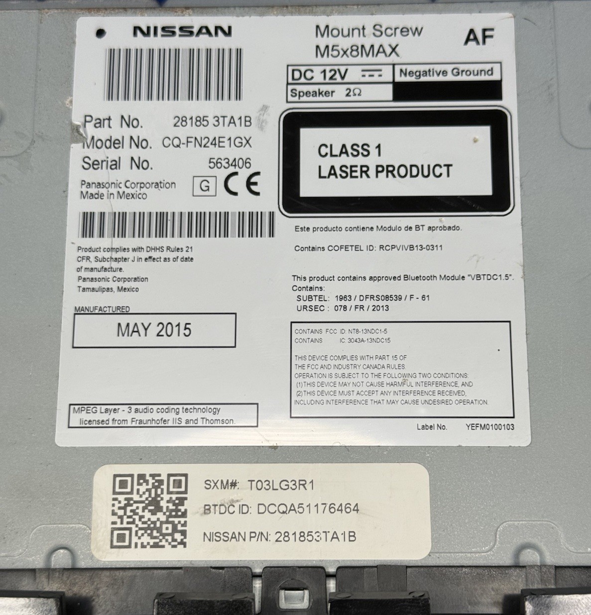 Nissan Audio Radio AM FM CD Player Info Screen Unit 28185 3TA1B OE 2013 2015