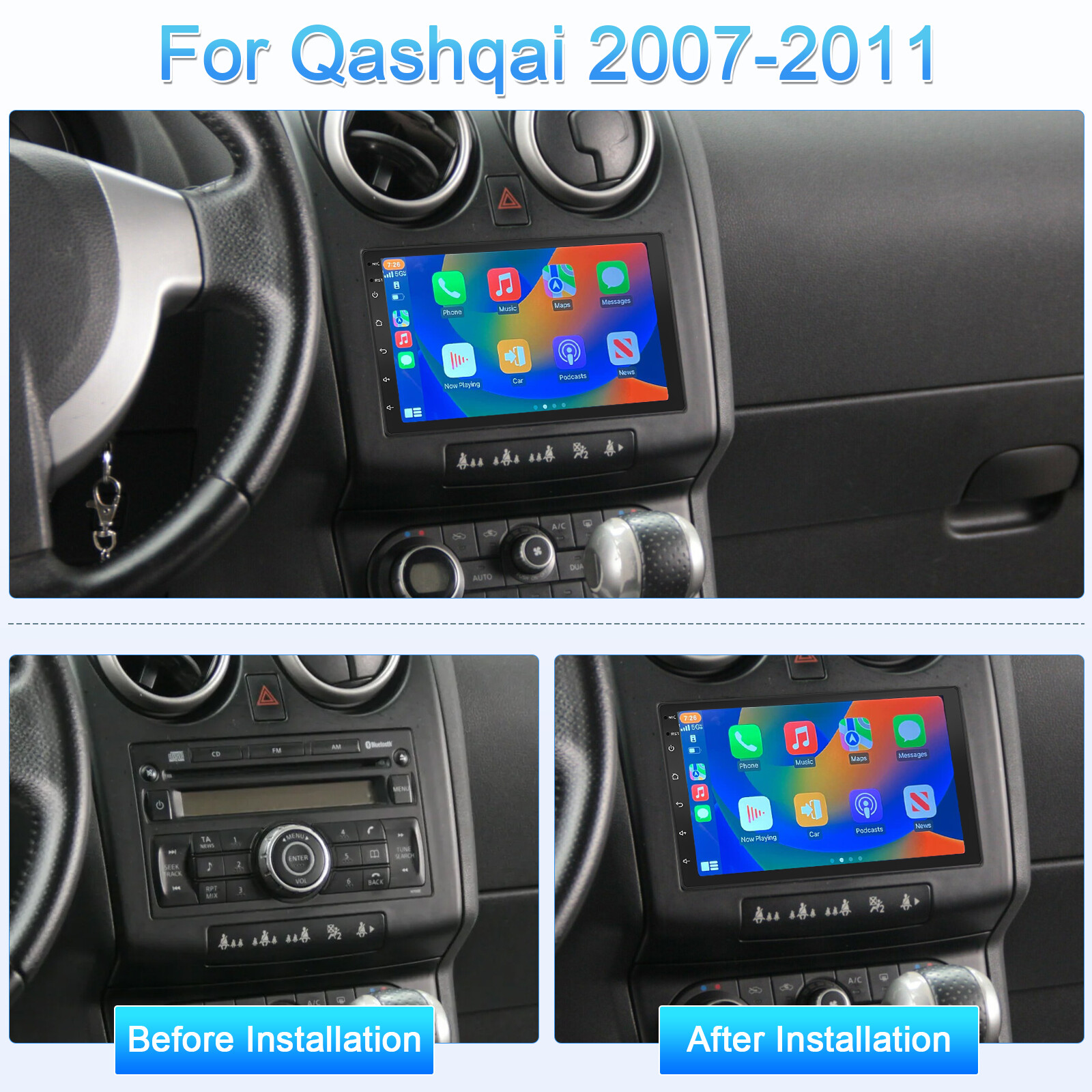 7” Car Stereo Radio Apple CarPlay Touch Screen BT For Nissan Rogue Versa Juke