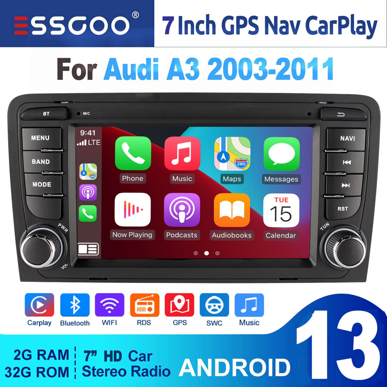 2+32G For Audi A3 2003-2012 Android 13 CarPlay Car Radio Stereo Touch Screen GPS